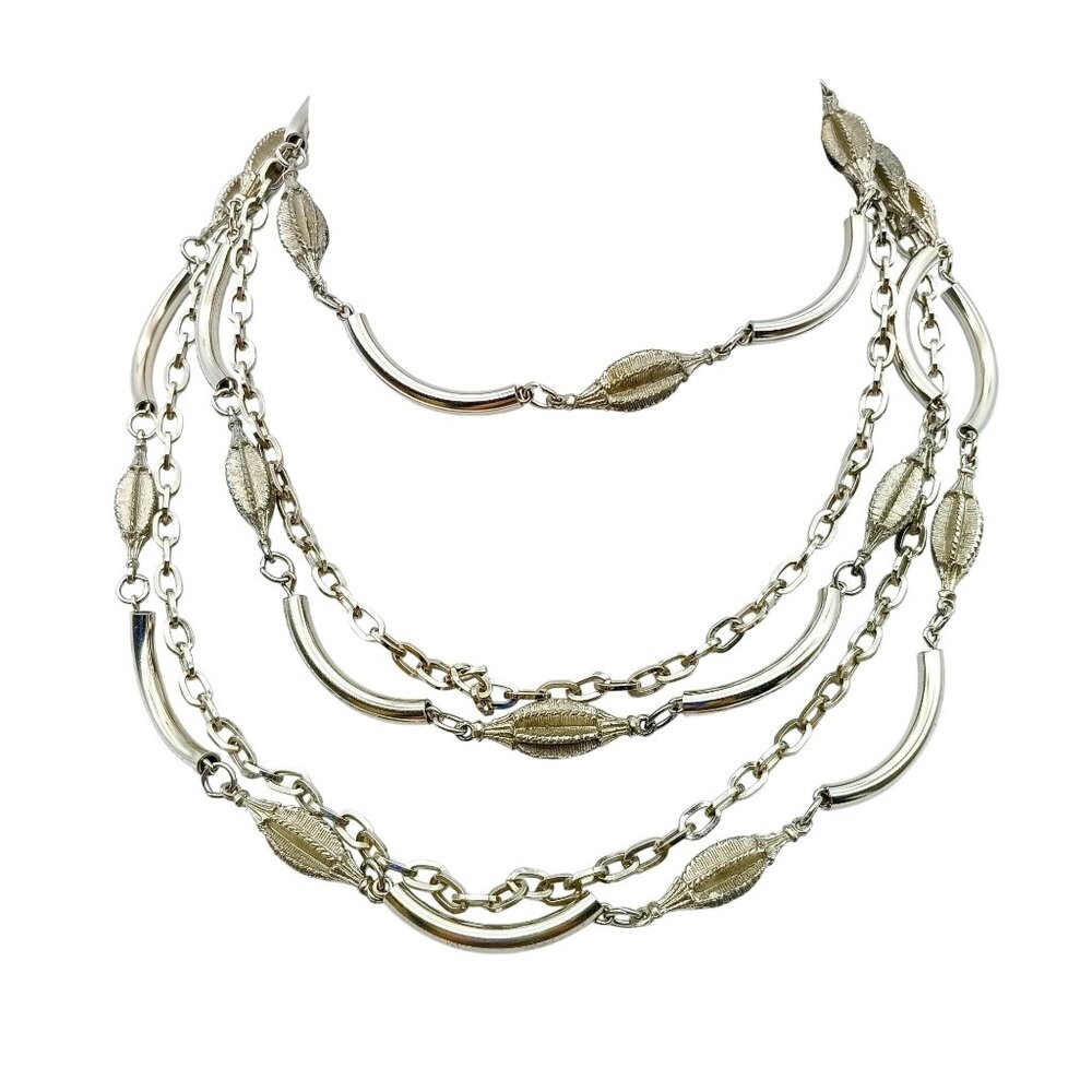 Vintage Triple Strand Silver Tone Chain Necklace, Messy Mix of Beads and Links